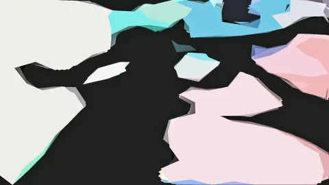 Abstrakte Komposition aus weißen, mintgrünen, hellblauen und rosa Flächen vor schwarzem Hintergrund.