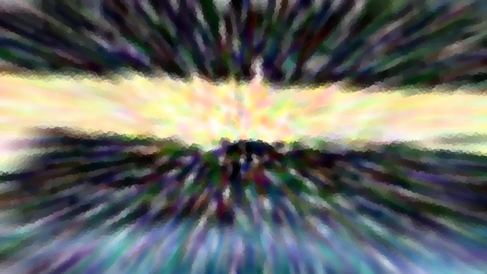Abstrakter Radialzoom mit verwischten Streifen in Grün, Violett und Blau, im Zentrum ein helles gelbes Leuchten über einem dunklen Horizont.