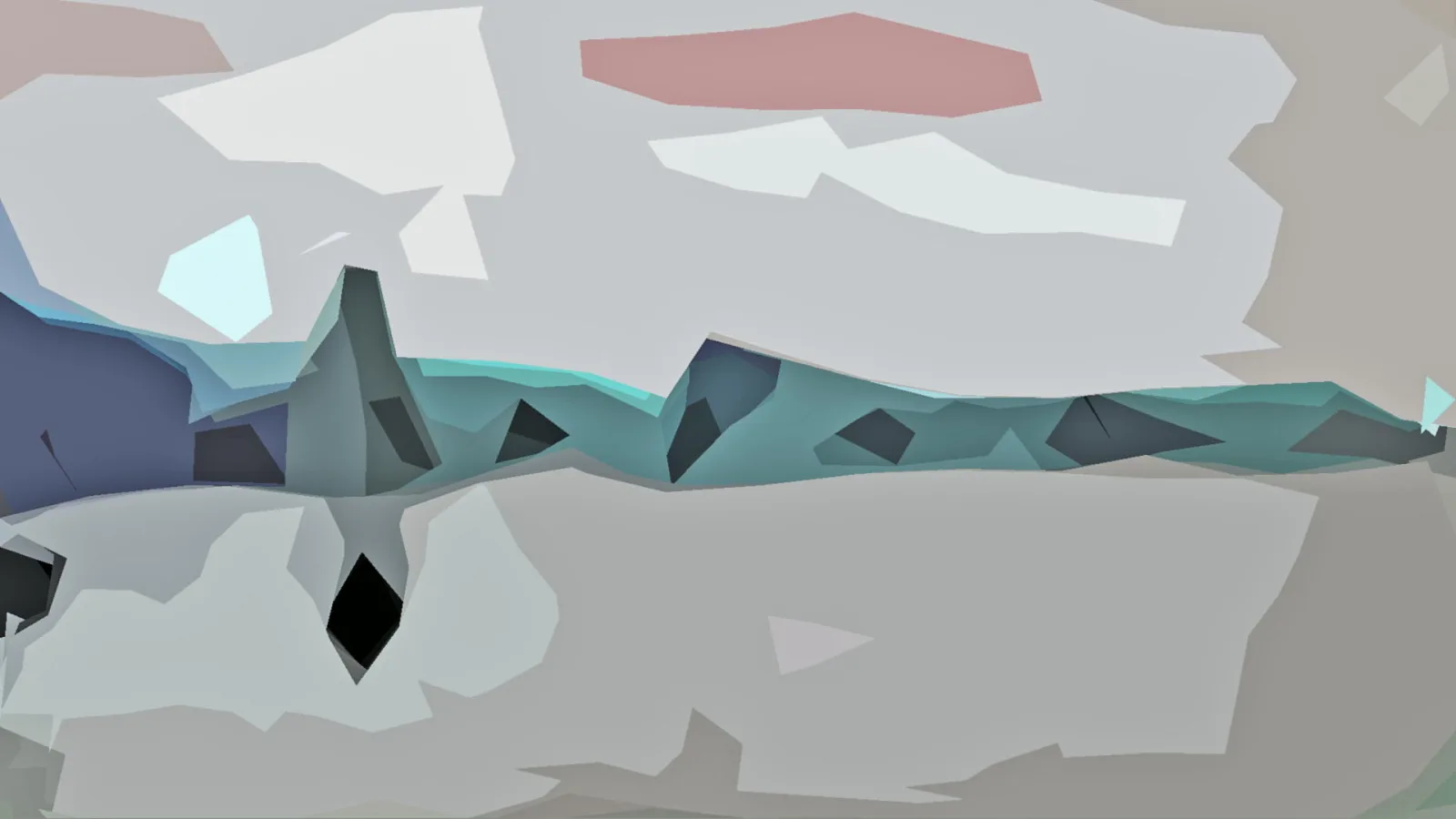 Abstrakte Low-Poly-Komposition mit hellgrauen Flächen, einem rötlichen Fleck oben und einem petrolfarbenen Band aus dunklen Dreiecken in der Bildmitte.