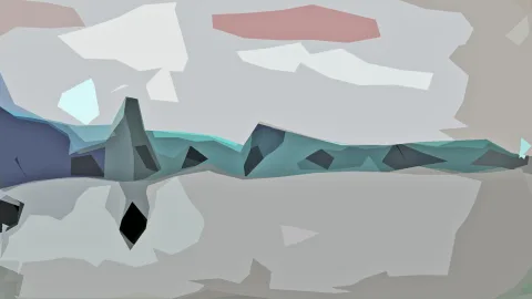 Abstrakte Low-Poly-Komposition mit hellgrauen Flächen, einem rötlichen Fleck oben und einem petrolfarbenen Band aus dunklen Dreiecken in der Bildmitte.