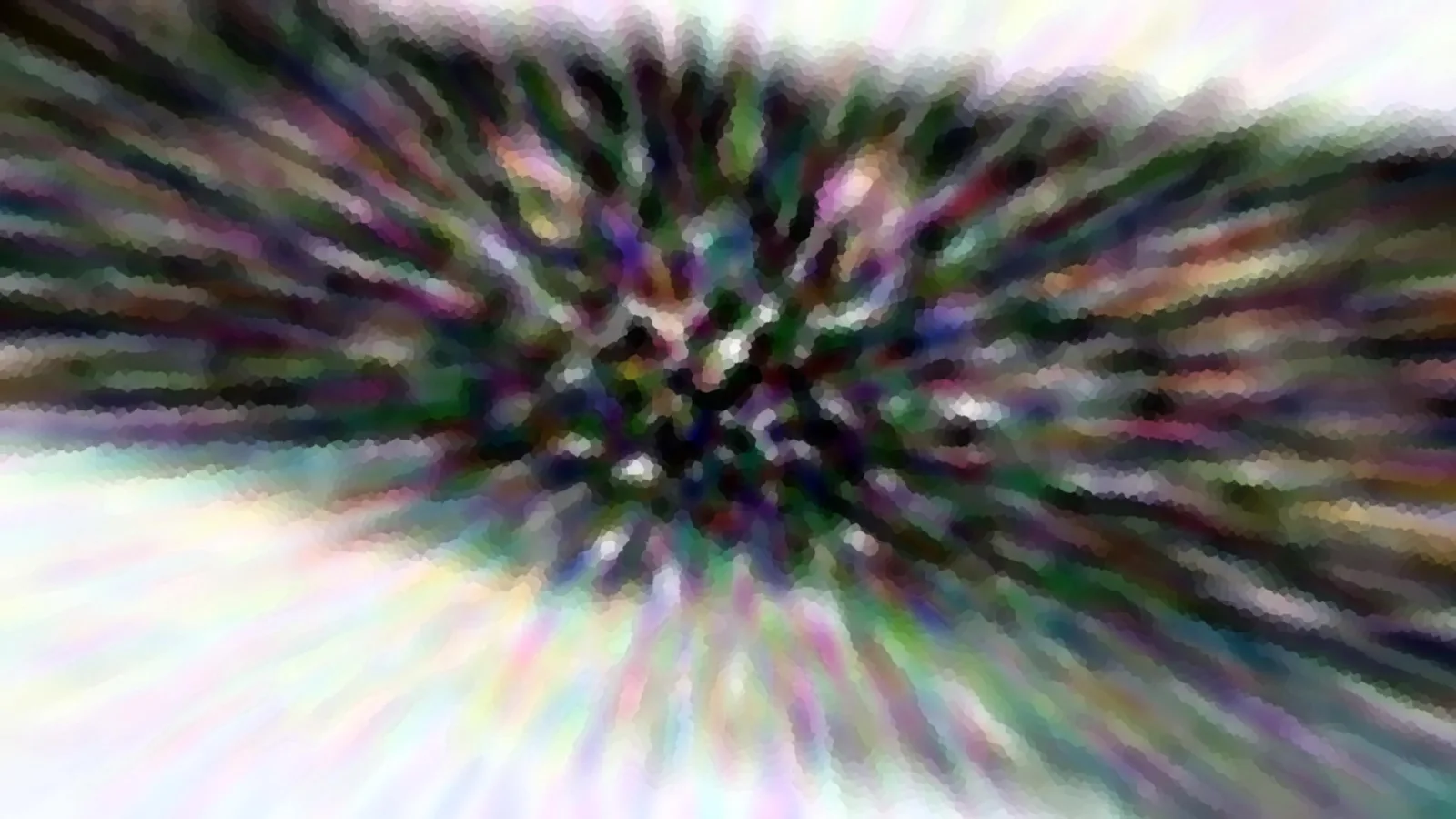 Abstraktes Bild mit radialem Zoomeffekt: Im Zentrum dunkle, grün-violette Farbtupfer, nach außen hin helle, pastellfarbene Streifen.