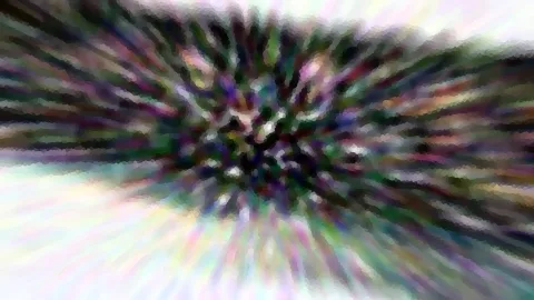 Abstraktes Bild mit radialem Zoomeffekt: Im Zentrum dunkle, grün-violette Farbtupfer, nach außen hin helle, pastellfarbene Streifen.