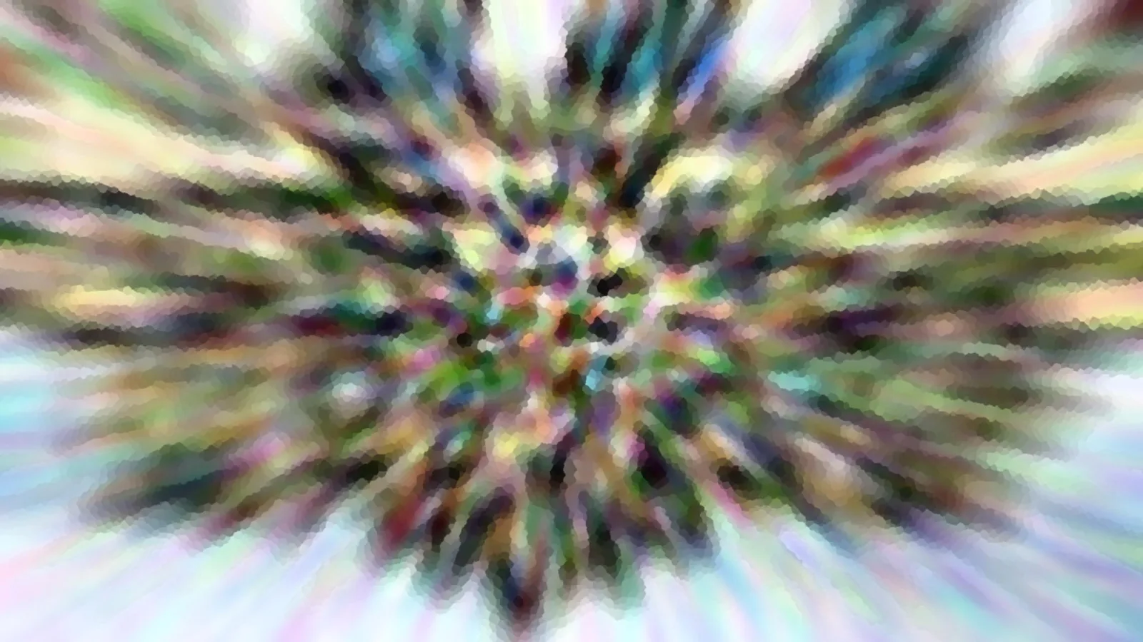 Abstraktes Bild mit bunten, verwischten Farbstrahlen, die von einem dunkleren Zentrum nach außen laufen und pixelig gerastert wirken.