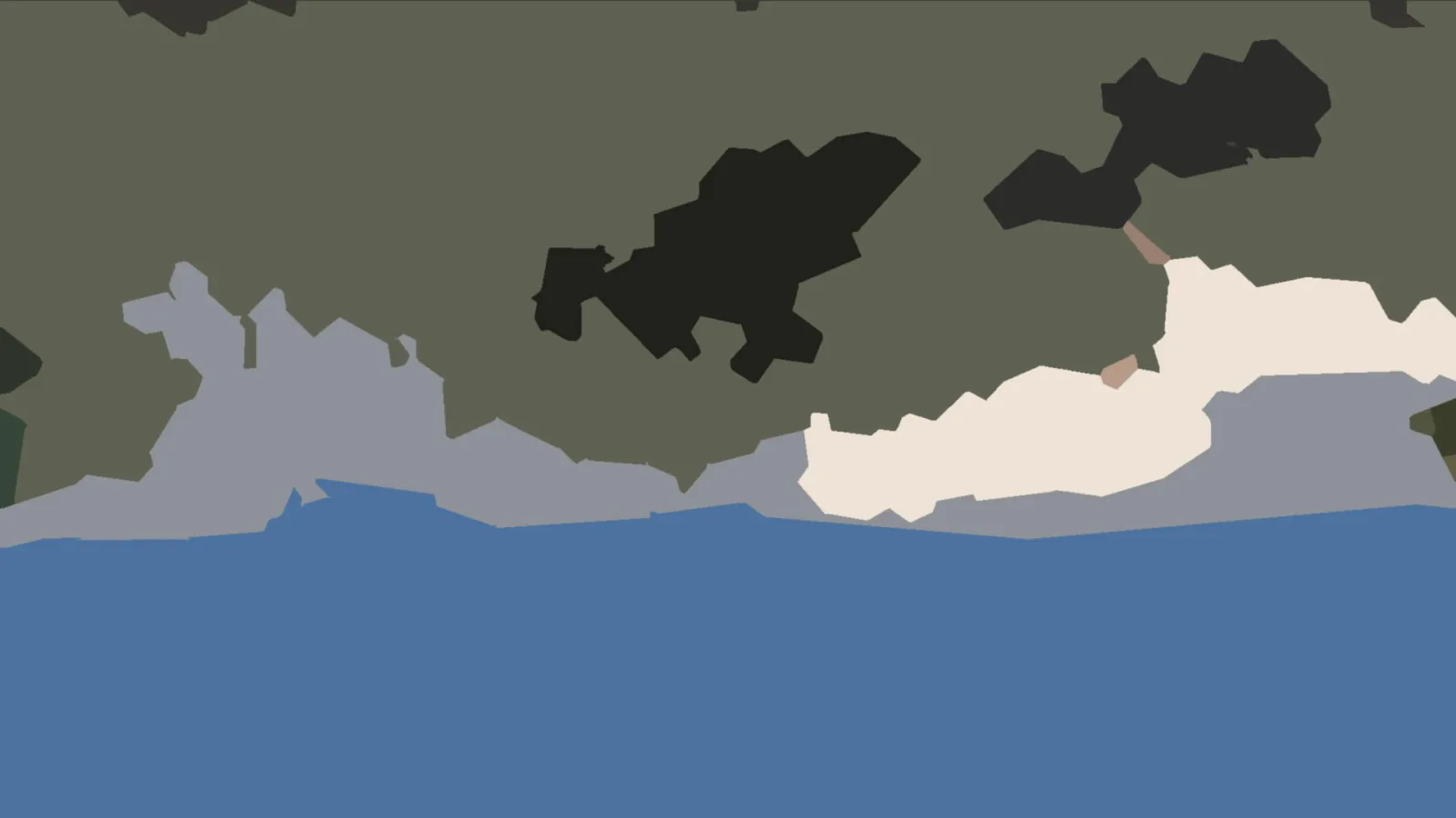 Abstrakte Komposition aus flächigen Formen: olivgrüner Hintergrund, schwarze Flecken, beige Form, graue Zone und blaues Wasser am unteren Rand.