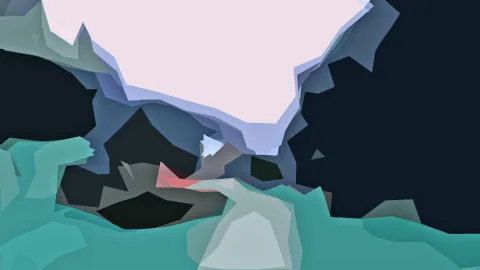 Abstrakte Landschaft aus flächigen, kantigen Formen in Rosa, Blaugrau, Türkis und Schwarz, mit einer hellen Fläche oben und dunklen Schatten rechts.