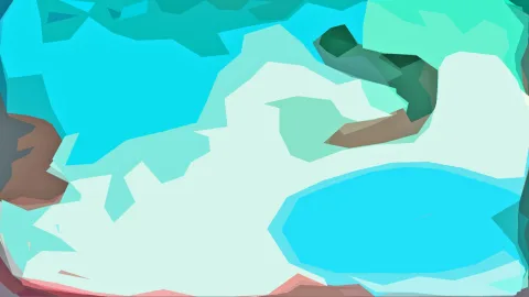 Abstrakte Komposition aus türkisen, mintgrünen und weißen Flächen mit einer blauen ovalen Form rechts unten und braunen und rosa Akzenten am unteren und linken Rand.