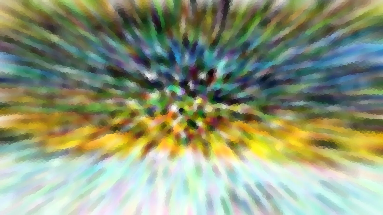 Abstrakte Komposition aus bunten Strahlen, die von einem dunklen Zentrum in der Bildmitte nach außen laufen, in Grün, Blau, Gelb und Weiß, mit mosaikartiger Pixelstruktur.