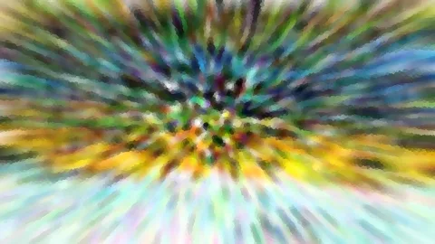 Abstrakte Komposition aus bunten Strahlen, die von einem dunklen Zentrum in der Bildmitte nach außen laufen, in Grün, Blau, Gelb und Weiß, mit mosaikartiger Pixelstruktur.