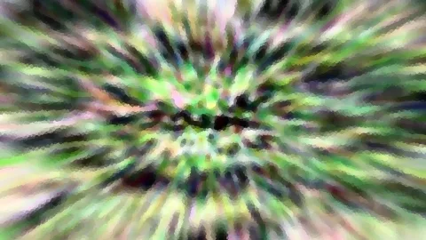 Abstrakte Komposition aus grünen, violetten und dunklen Streifen, die von einem zentralen dunklen Punkt radial nach außen strahlen.