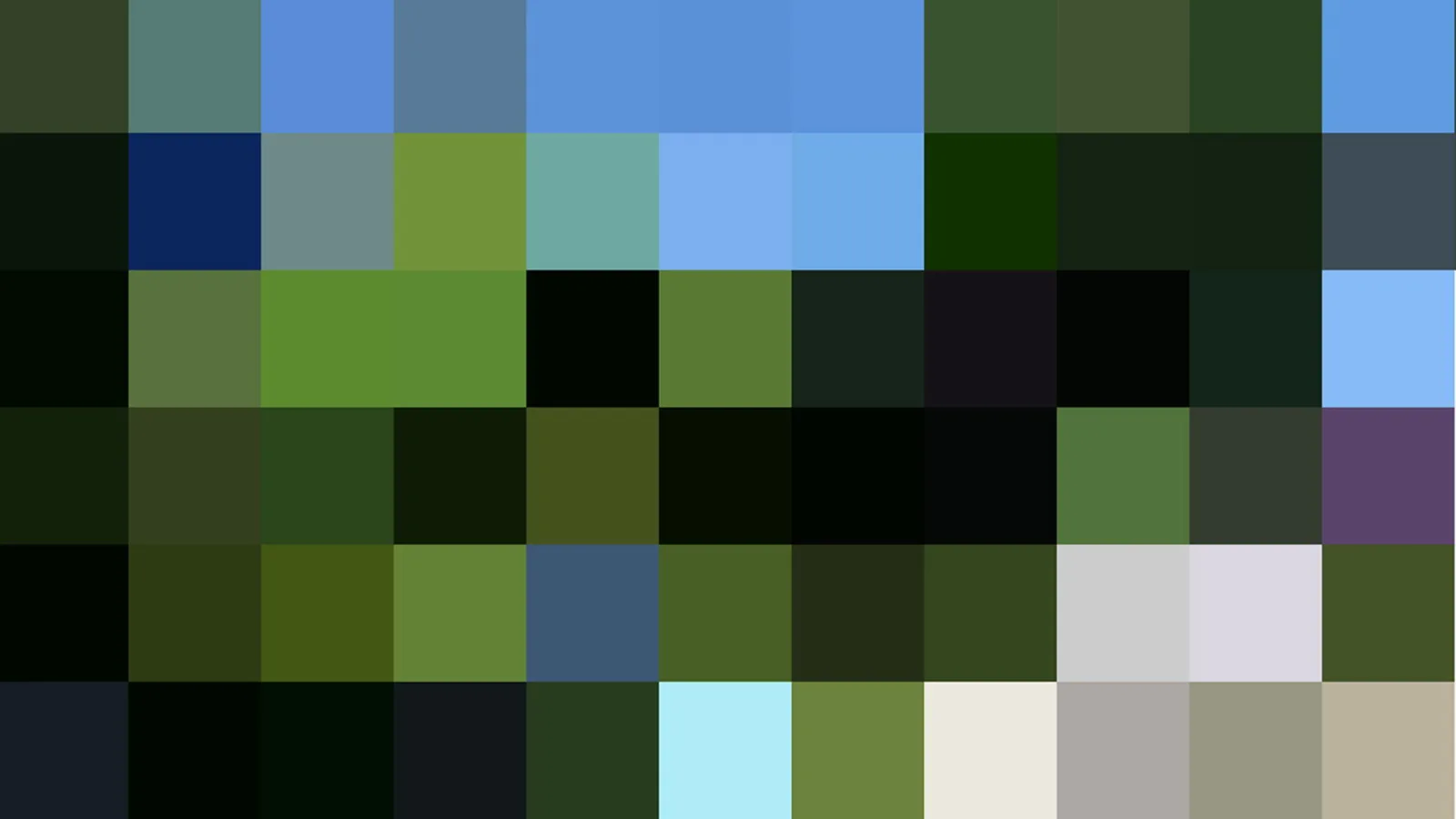 Raster aus farbigen Quadraten in Grün, Blau, Grau und Beige, ohne erkennbares Motiv