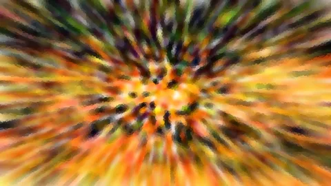Abstraktes Bild mit radialen Farbstreifen in Orange, Gelb, Grün und Dunkelbraun, die von einem hellen Zentrum nach außen laufen und mosaikartig gekörnt wirken.