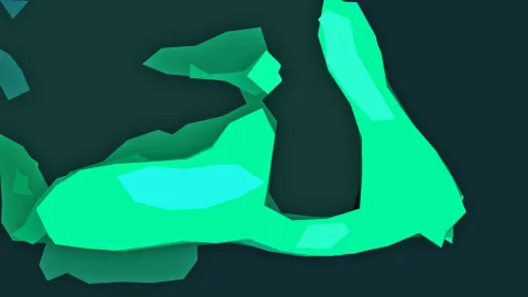 Abstrakte grüne Polygonformen auf dunkelblauem Hintergrund, die an einen angewinkelten Arm mit Bizeps erinnern.