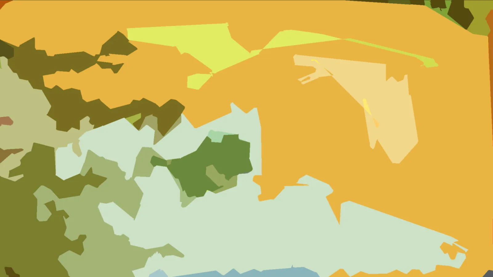 Abstrakte Komposition aus unregelmäßigen Flächen in Orange, Gelb, Olivgrün und Hellgrün, unten ein blasses Blau am Rand.