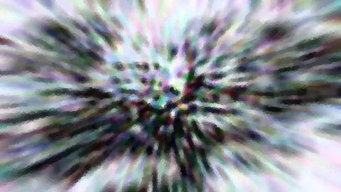 Abstrakte Komposition aus radial von der Mitte nach außen laufenden Streifen in Violett, Grün, Weiß und Schwarz, mit pixeligem Verwischungseffekt.