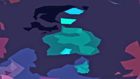 Abstrakte Komposition aus kantigen, flächigen Formen in Türkis, Cyan und Violett auf dunkelviolettem Grund, am Rand mit rötlichen Flächen.