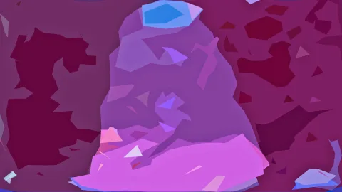 Abstrakte Komposition aus facettierten violetten, pinken und blauen Flächen auf dunkel magentafarbenem Grund.