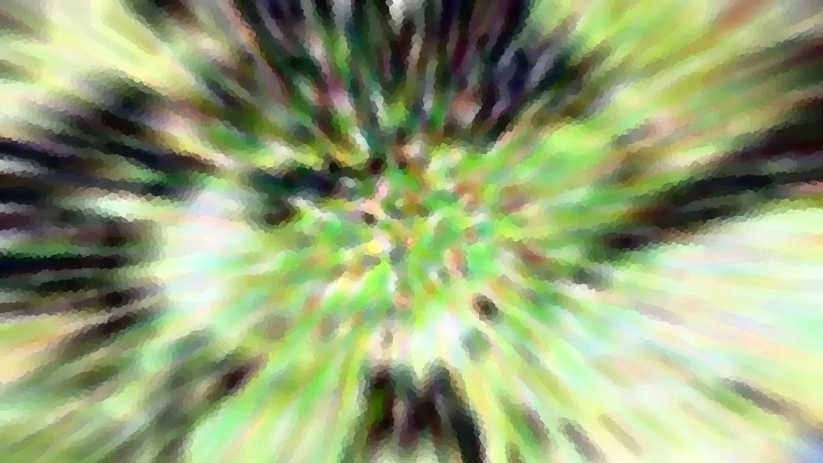 Abstrakte Komposition aus grünen, schwarzen und hellen Farbschlieren, die von einem Zentrum in der Bildmitte radial nach außen strahlen.