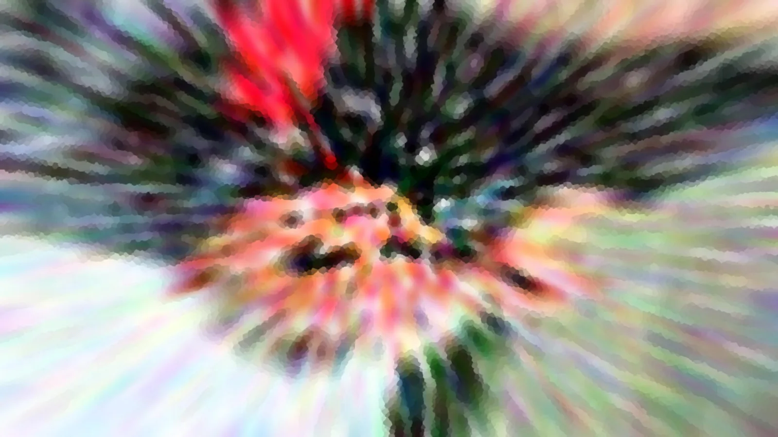 Abstrakte Komposition aus bunten Farbschlieren, die von einem dunklen Zentrum radial nach außen laufen, oben links ein roter Schwerpunkt.