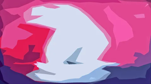 Abstrakte Komposition aus pinken, roten und violetten Polygonflächen mit einer großen weißen Form in der Bildmitte und einem kleinen blaugrauen Dreieck darunter.