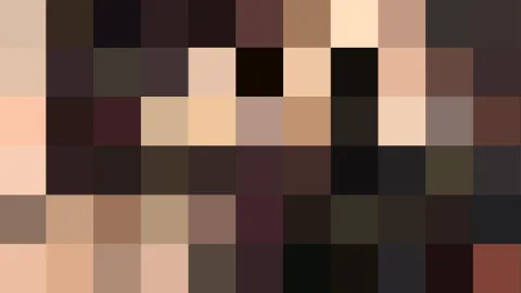 Grobes Pixelmosaik aus Blöcken in Hautfarben, Braun und Schwarz, ohne klar erkennbare Form.