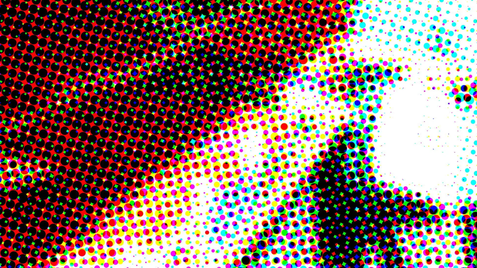 Abstraktes Muster aus farbigen Punkten in Rot, Schwarz, Grün, Cyan, Magenta und Gelb auf weißem Grund, die zur rechten Seite hin kleiner und lockerer werden.
