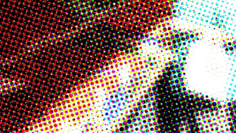 Abstraktes Muster aus farbigen Punkten in Rot, Schwarz, Grün, Cyan, Magenta und Gelb auf weißem Grund, die zur rechten Seite hin kleiner und lockerer werden.