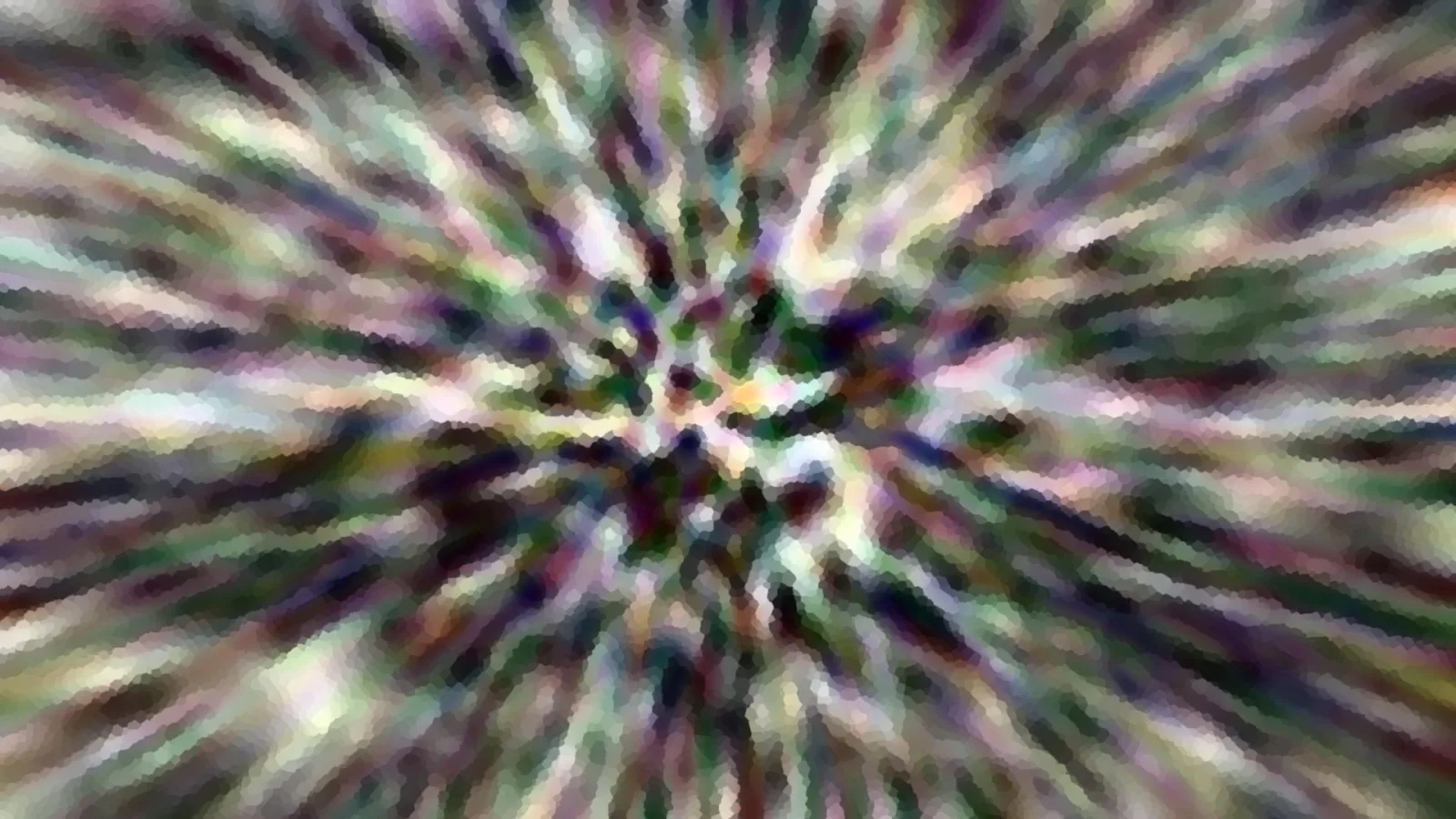 Abstrakte Komposition aus radial verlaufenden, bunten Streifen in Grün, Violett und Weiß, die von einem hellen Zentrum nach außen ausgehen.