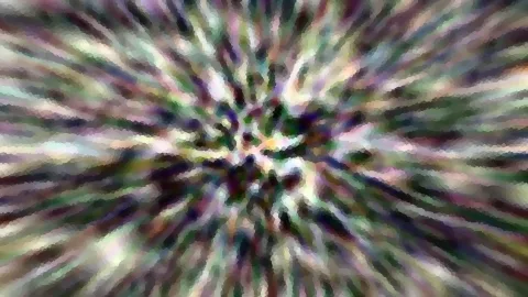 Abstrakte Komposition aus radial verlaufenden, bunten Streifen in Grün, Violett und Weiß, die von einem hellen Zentrum nach außen ausgehen.