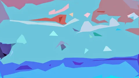 Abstrakte Komposition aus flachen, kantigen Formen in Türkis, Blau, Rot und Rosa auf hellblauem Grund