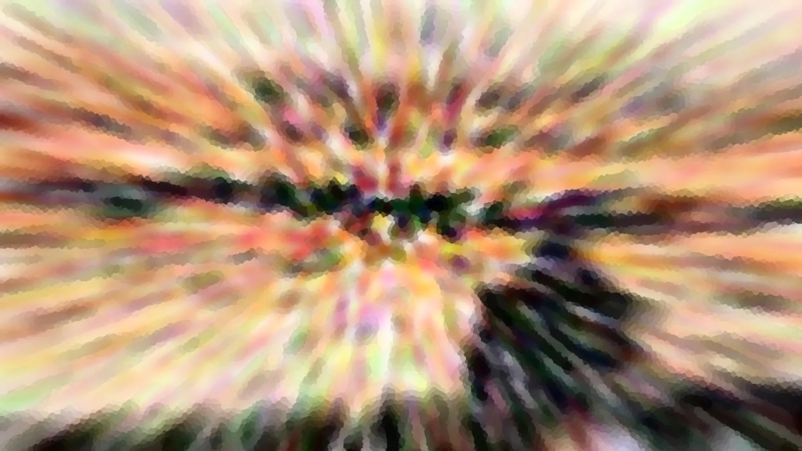 Abstraktes Bild mit radialem Zoomeffekt: bunte Farbstreifen in Orange, Gelb, Pink und Grün laufen von einem dunklen Zentrum nach außen, das Ganze wirkt mosaikartig pixelig.
