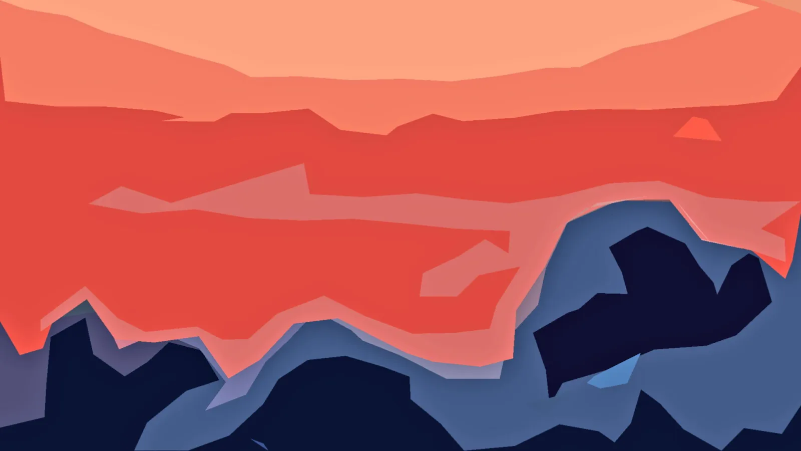 Abstrakte Landschaft mit orangefarbenem Himmel, roten Schichten und dunklen blaugrauen Felsen im Vordergrund.
