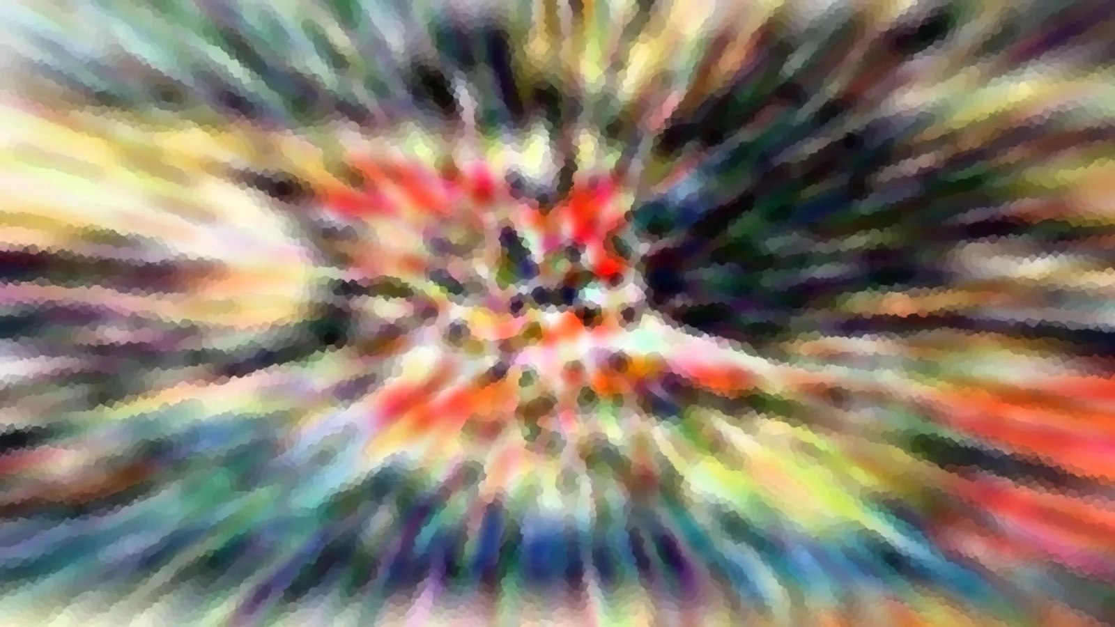 Abstrakte Komposition aus bunten, radial angeordneten Farbstrichen mit rotem Zentrum und mosaikartiger Körnung.