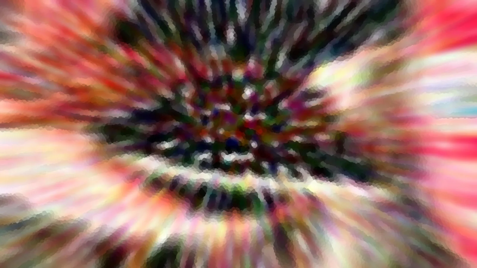 Abstraktes Bild mit bunten Streifen, die vom dunklen Zentrum radial nach außen laufen, grob pixelig verwischt.