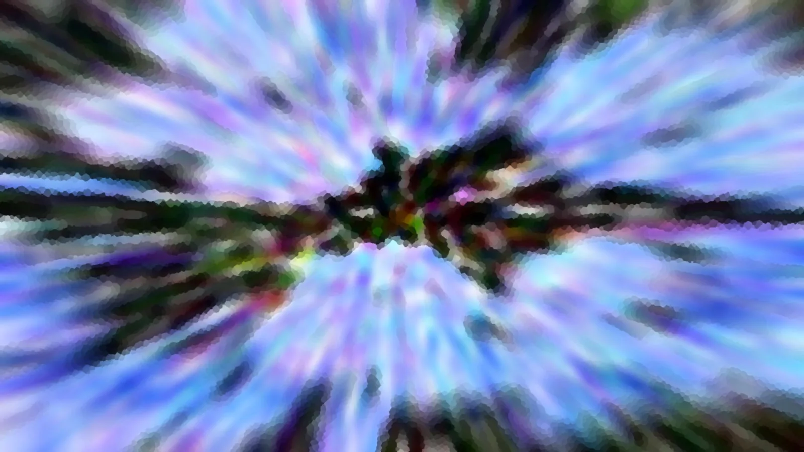 Abstrakte Aufnahme mit radialer Bewegungsunschärfe: Blaue, violette und grüne Streifen strahlen von einem dunklen, grünlichen Zentrum nach außen.