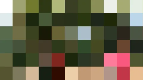 Quadratisches Raster aus farbigen Pixelfeldern in Grün-, Oliv-, Rot-, Pink- und Beigetönen sowie vereinzelten Hell- und Blautönen.
