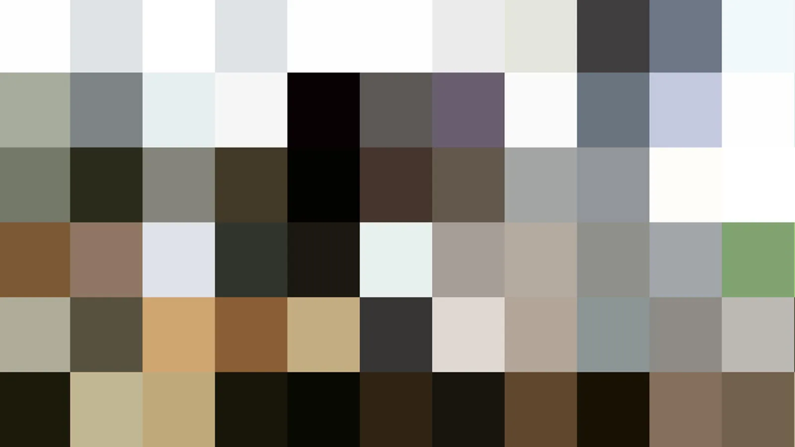 Ein Raster aus quadratischen Farbflächen in Weiß, Grau, Schwarz, Braun und vereinzelt Grün, ohne erkennbares Motiv.