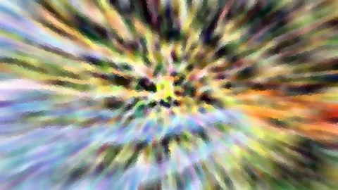 Abstrakte Komposition aus radial angeordneten Farbstreifen in Gelb, Grün, Blau und Violett, die von einem hellen Zentrum nach außen laufen.