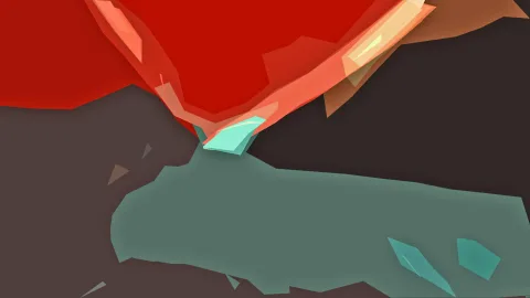 Abstrakte Komposition aus flachen, kantigen Flächen in Rot, Orange und Türkis vor dunkelbraunem Grund.
