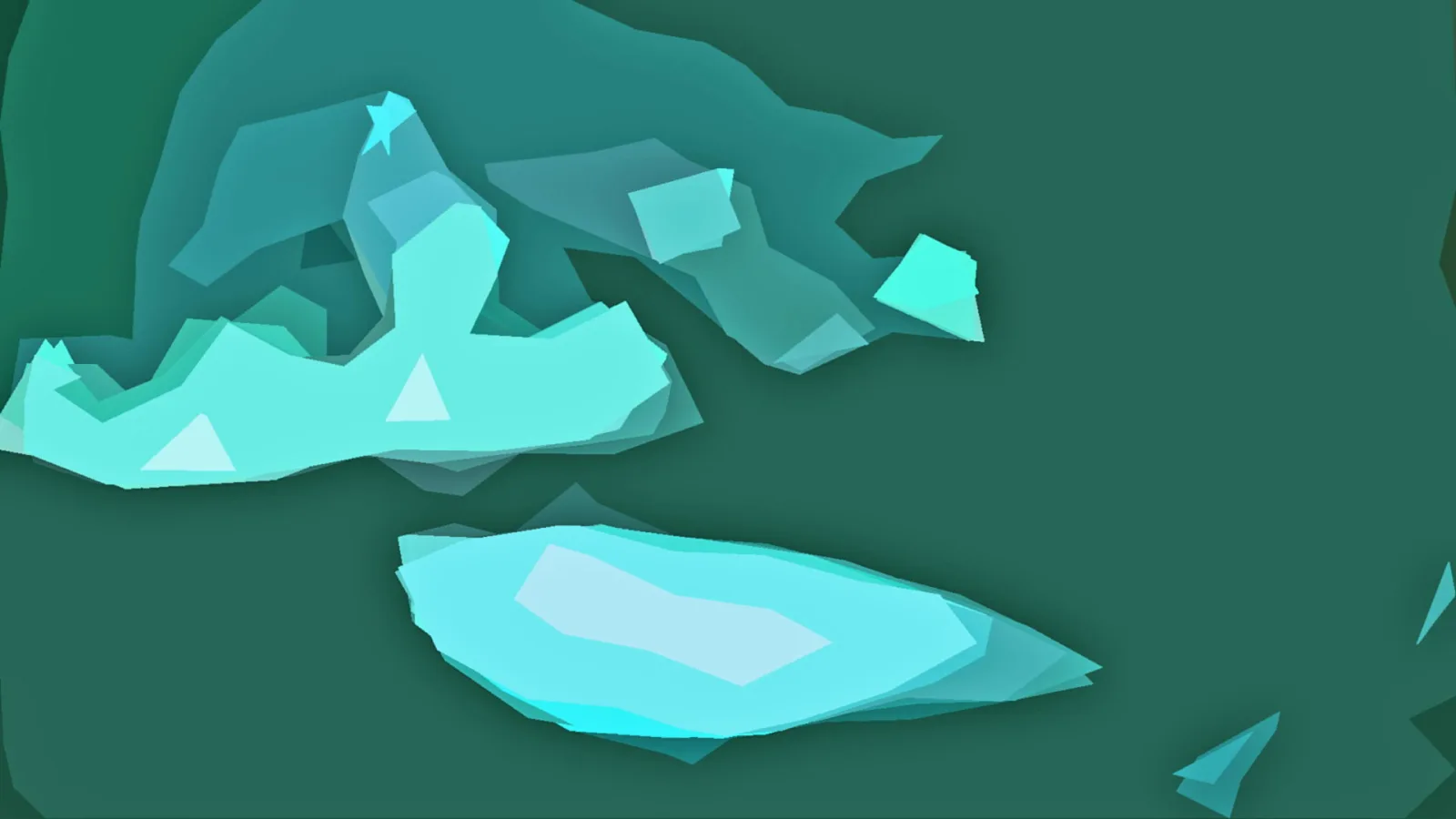 Abstrakte Komposition aus türkisen und hellgrünen Polygonen mit flachen Dreiecken auf dunkelgrünem Hintergrund.