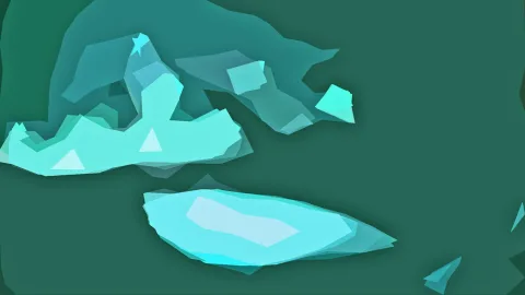 Abstrakte Komposition aus türkisen und hellgrünen Polygonen mit flachen Dreiecken auf dunkelgrünem Hintergrund.