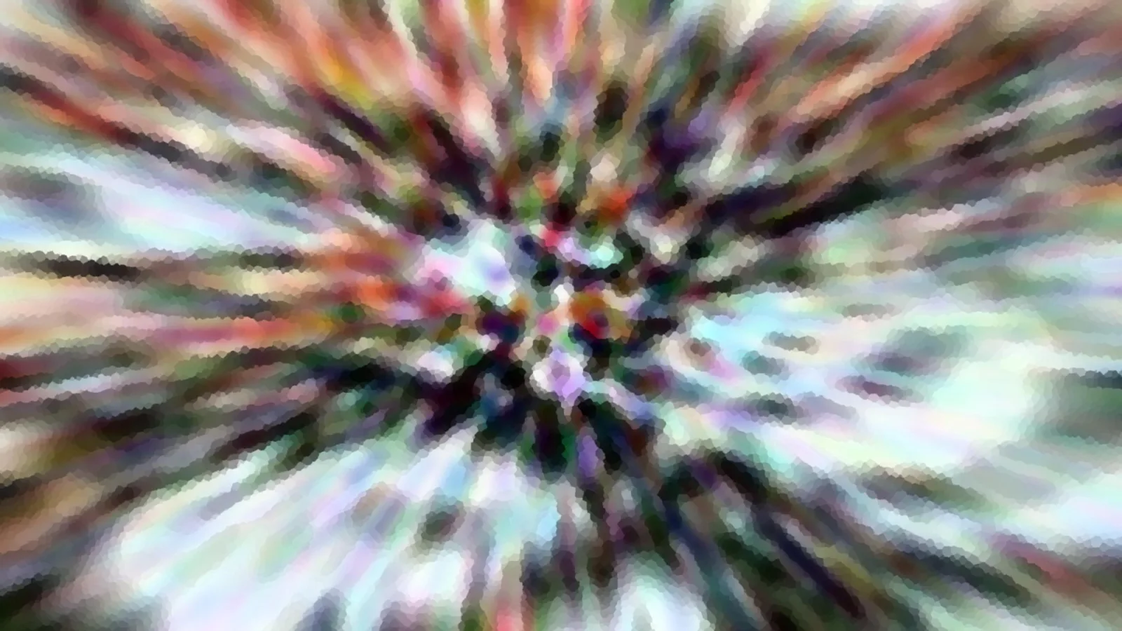 Abstraktes Bild mit bunten Farbstreifen, die radial von einem dunklen Zentrum nach außen strahlen, mosaikartig pixelig.