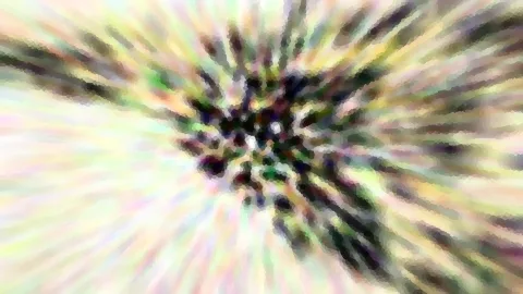 Abstrakte Komposition aus pastellfarbenen Streifen, die von einem dunklen, pixeligen Zentrum radial nach außen laufen.
