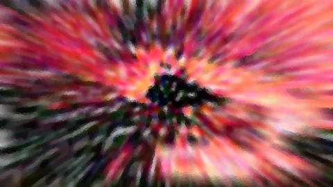 Abstrakte Komposition mit radial von einem dunklen Zentrum nach außen schießenden Streifen in Rot, Rosa, Orange und Grün, weich verwischt und pixelig.