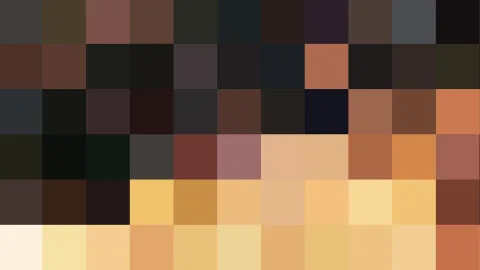 Raster aus quadratischen Farbfeldern, oben dunkel in Braun und Anthrazit, unten hell in Gelb, Orange und Creme.