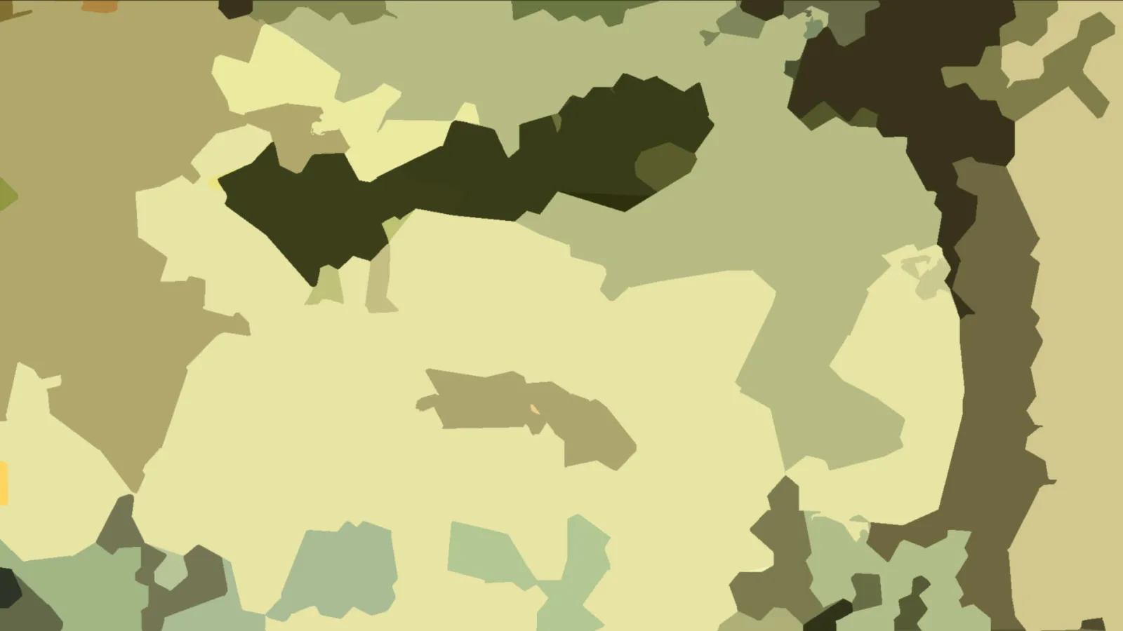 Abstrakte Komposition aus unregelmäßigen olivgrünen, cremefarbenen, dunkelgrünen und braunen Flächen.