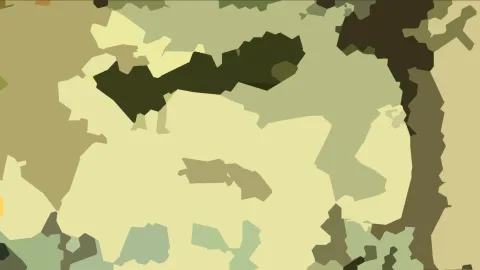 Abstrakte Komposition aus unregelmäßigen olivgrünen, cremefarbenen, dunkelgrünen und braunen Flächen.