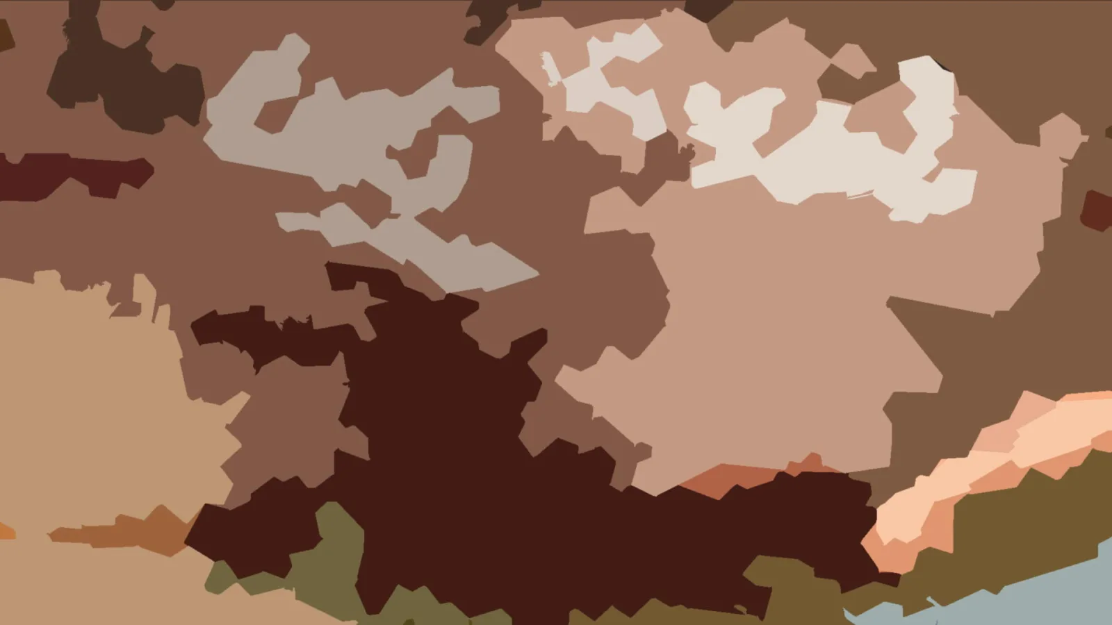 Abstraktes Bild aus unregelmäßigen braunen, beigen und dunkelroten Flächen, unten rechts mit olivgrünen und hellblauen Akzenten.