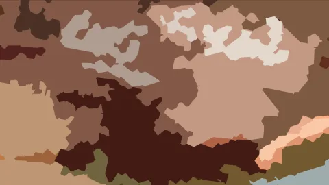 Abstraktes Bild aus unregelmäßigen braunen, beigen und dunkelroten Flächen, unten rechts mit olivgrünen und hellblauen Akzenten.