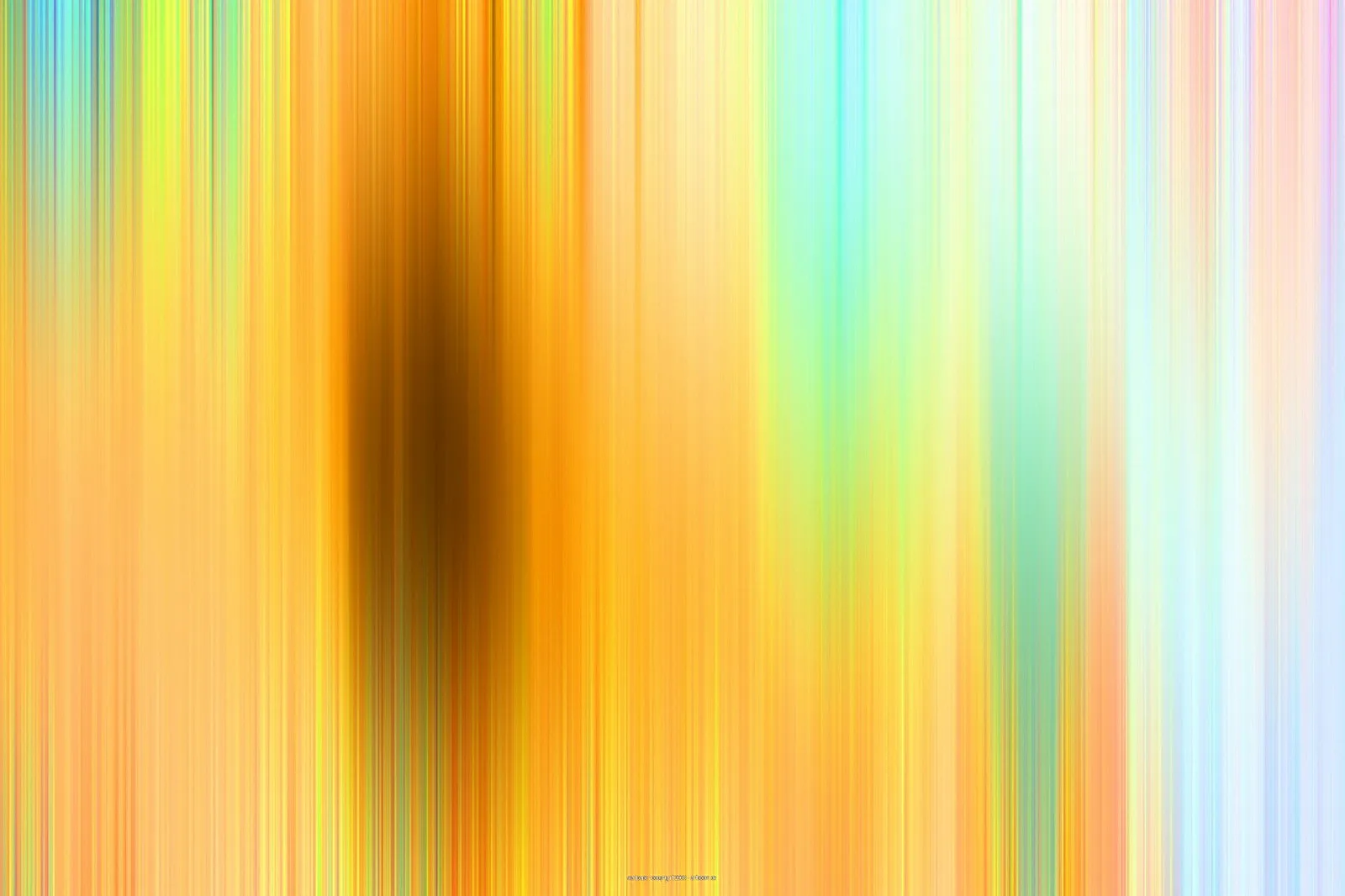Abstrakte Komposition aus dicht nebeneinanderliegenden, vertikalen Streifen in Orange, Gelb, Grün, Türkis und Hellblau, in der Mitte ein dunkler, verschwommener Fleck.