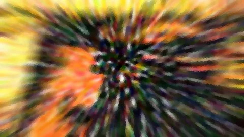 Abstrakte Komposition mit radial von einem dunklen Zentrum nach außen laufenden Streifen in Gelb, Orange, Grün und Violett, grob gerastert wie ein Mosaik.
